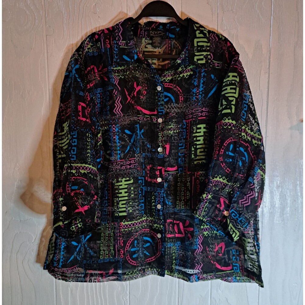 Vintage NYPL Collection Woman Abstract Neon Geometric Button-Down Shirt Size 2x